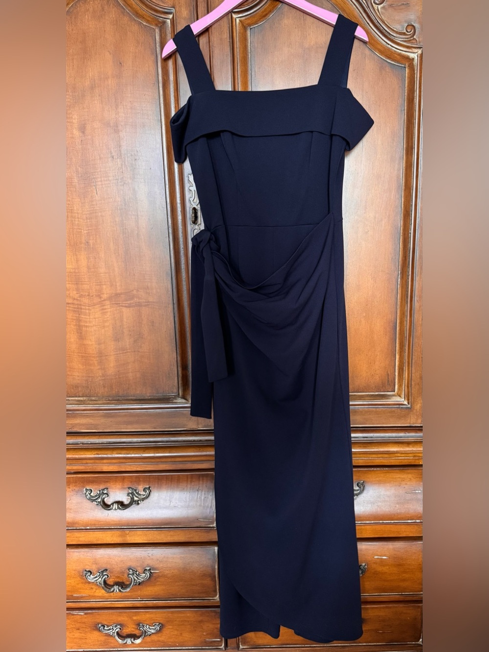 Marina Elegant Crepe Navy Off-Shoulder Tie at Waist Draped Jumped Suit
